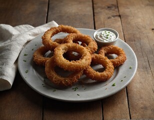 A plate of golden brown onion rings served with a side of creamy ranch dressing.
