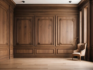 Premium style, an empty room with wooden boiserie on the wall featuring walnut wood panels. Wooden wall of an old-styled room design.