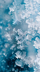 The image is of snowflakes, with a blue background. The snowflakes are frozen and have a very intricate and delicate appearance. Concept of beauty and wonder, as well as the fleeting nature of snow