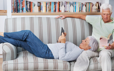 Senior couple, tablet and laugh for bonding in home, comedy and streaming comic on social media....
