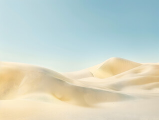 A desert landscape with a blue sky in the background. The sky is clear and the sun is shining brightly. The sand dunes are tall and the landscape is vast. The scene is peaceful and serene