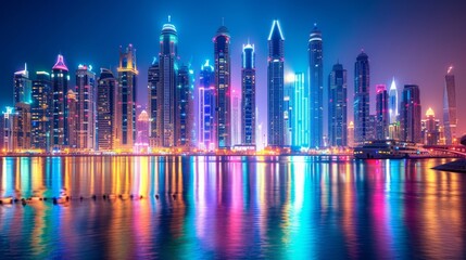 A city skyline ablaze with dazzling lights, with towering skyscrapers adorned in colorful illumination, showcasing the vibrant energy of urban nightlife.