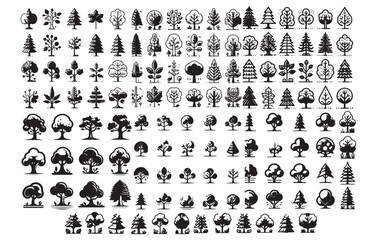 set of collection tree vector icon. silhouette tree  drawing set, Side view, set of graphics trees elements outline symbol. silhouette tree drawing icon set.