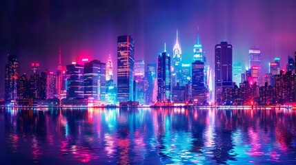 A city skyline ablaze with dazzling lights, with towering skyscrapers adorned in colorful illumination, showcasing the vibrant energy of urban nightlife.