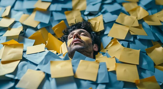 Overwhelmed individual in a sea of sticky notes, minimalistic,