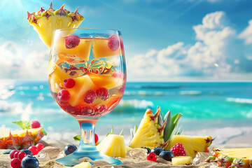 A colorful fruity drink in a stylish cocktail glass, with slices of pineapple and berries, enjoyed...