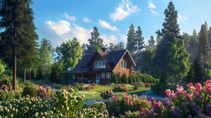  A cozy house nestled in a lush landscape, surrounded by tall trees and blooming flowers, capturing the essence of peaceful living in stunning HD clarity