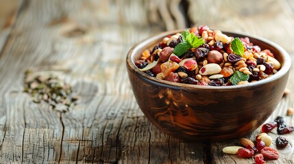 Bowl with a mixture of dried fruit and nuts on an old kitchen table
