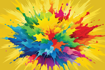 Colorful rainbow holi paint color powder explosion vector, isolated wide yellow panorama background