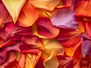 A close up of many orange and pink flower petals. Concept of warmth and beauty, as the vibrant colors of the petals create a visually striking and inviting scene