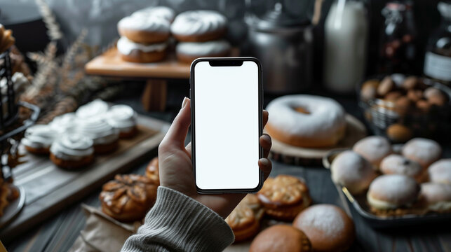 person holding smartphone, iPhone mockup,  iPhone screen cut out mockup technology graphic design illustration cutout green screen hand holding black smartphone vector business, bakery background