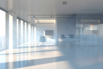 office interior, open space, minimal text, visually appealing graphics, calm blue tones, crisp, high-resolution, digital design