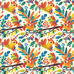 A seamless pattern with cute cartoon birds and tropical leaves in a bright color palette.