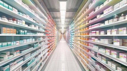Modern bright and clean pharmacy store, display medicine and medical equipment on shelves, AI generated for Ai
