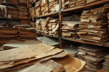 Old archive room filled with documents and books close-up on the texture of paper and history