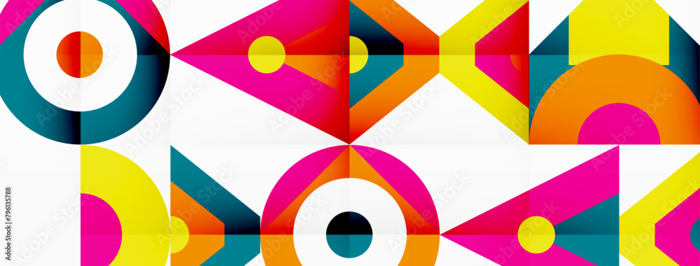 Poster a vibrant geometric pattern featuring circles and triangles in shades of red, on a white background.