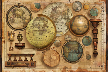 Old-world globes and digital world mapping, a vector exploration of geographical education over time  - obrazy, fototapety, plakaty