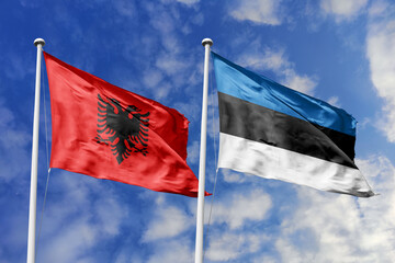 3d illustration. Albania and  Estonia Flag waving in sky. High detailed waving flag. 3D render. Waving in sky. Flags fluttered in the cloudy sky.