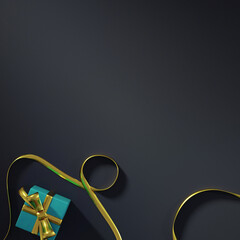 Gift box and gold ribbon on black background for social media post, story, campaign, product promo, poster, flyer etc. 3d isolated top view luxury layout design