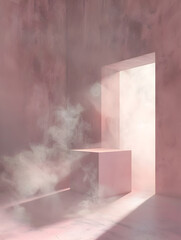A pink room with a box and a doorway. The doorway is open and there is a lot of smoke in the room