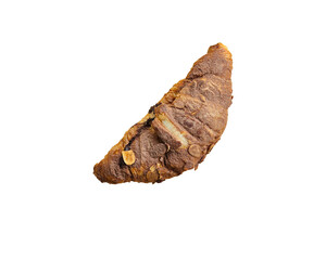 Chocolate croissants decorated with cocoa powder and almonds on a wooden plate. top view. on transparent background