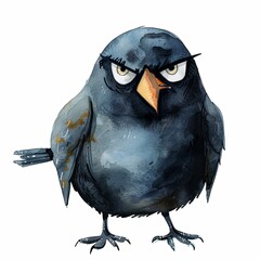 Fototapeta premium Cute grumpy fluffy bird watercolor isolated on white background