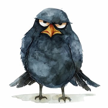 recommend clip art: Cute grumpy fluffy bird watercolor isolated on white background