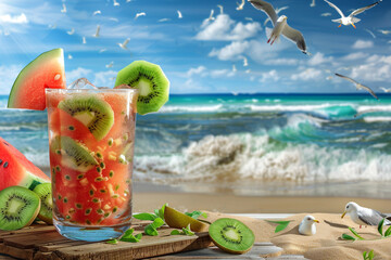 A refreshing summer beverage served in a frosty glass, garnished with slices of watermelon and kiwi, placed on a wooden table on a sandy beach with gentle waves rolling in