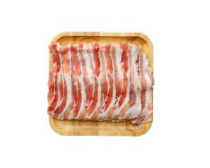 Pork belly slices on a wooden plate for shabu, hot pot, grill, korean BBQ. on transparent background