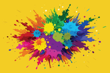 Colorful rainbow holi paint color powder explosion vector, isolated wide yellow panorama background