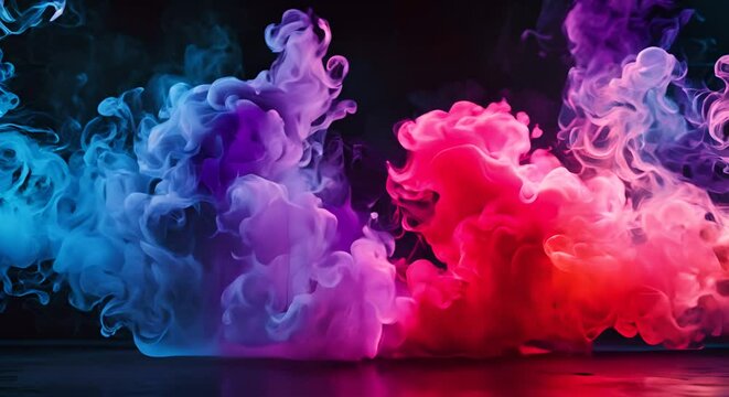 Wisps of colored smoke intertwining in an elegant dance on a black stage