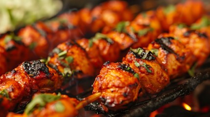 Obraz na płótnie Canvas A close-up of a sizzling tandoori chicken skewer, fresh from the grill