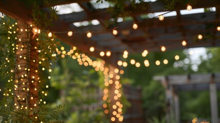A close-up of decorative string lights draped across a pergola, creating a charming and inviting atmosphere for al fresco dining and entertaining. - obrazy, fototapety, plakaty