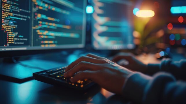 Close-up of a programmer's hands typing on a backlit keyboard, with lines of code displayed across multiple computer screens. AIG41