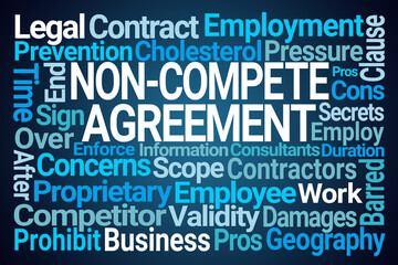 Non-Compete Agreement Word Cloud on Blue Background