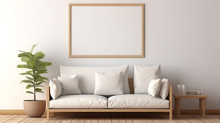 A living room with a white couch and a potted plant , poster frame in modern interior background ,cozy modern living room ,ront view of white couch in the house