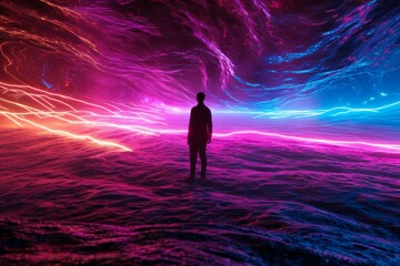 Fototapeta premium Web background, Web integration online database in desert sand figure over dark neon background, Ai generated
