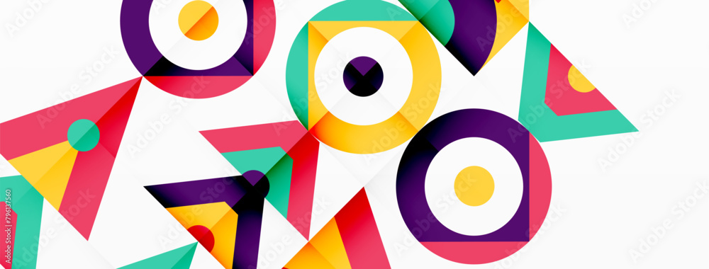 Poster A vibrant composition of colorful circles and triangles with magenta accents on a white background, showcasing a creative arts pattern with a closeup on design elements