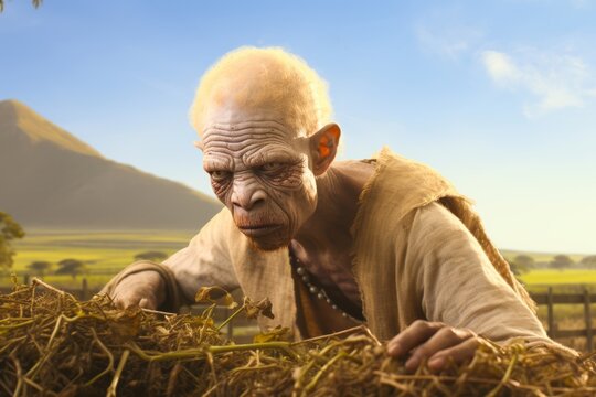 
An albino farmer tending to his crops in the fertile fields of the African countryside, his alabaster skin glowing in the warm sunlight.