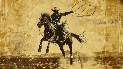 Fototapeta na wymiar A faded poster advertising a wild west roper in midair rope circling a bucking horse against a rustic background. .