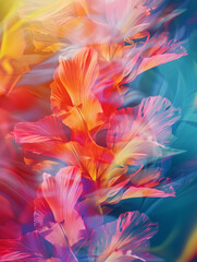A colorful flower with pink and orange petals. The flower is surrounded by a blue background. The image has a vibrant and lively mood, with the bright colors of the flower