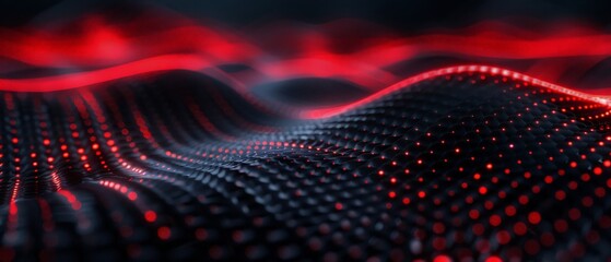 Black carbon fiber motion background. Technology wavy line with red glowing light 3d illustration.