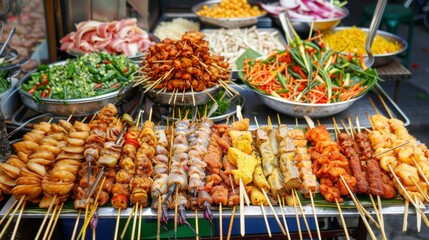 A colorful array of Thai street snacks, including crispy fried insects, skewered meats, and spicy papaya salad