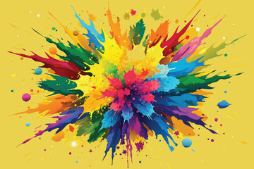 Colorful rainbow holi paint color powder explosion vector, isolated wide yellow panorama background