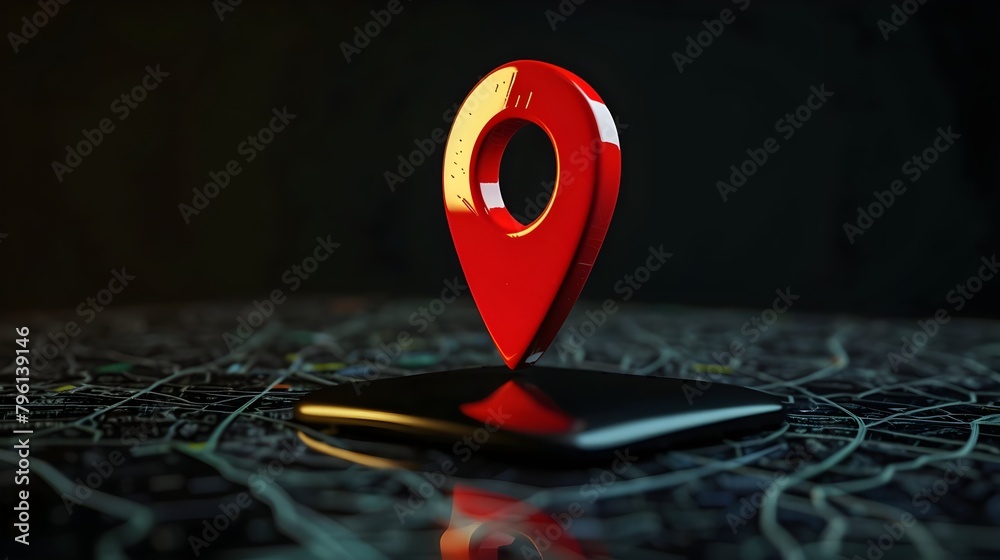 Wall mural navigational search engine optimization maps red marker on dark black background (generative ai)