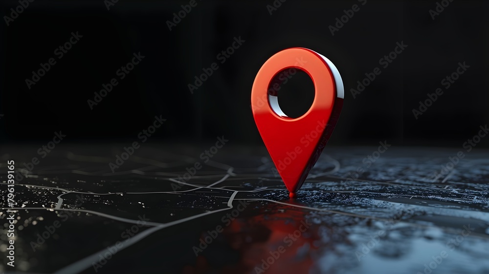 Wall mural navigational search engine optimization maps red marker on dark black background (generative ai)