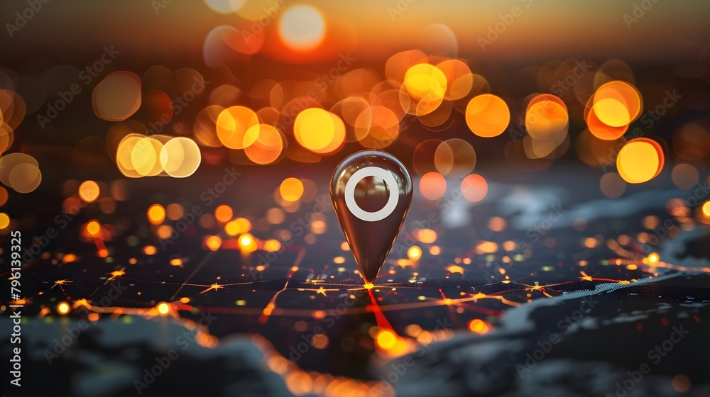 Wall mural navigational search engine optimization maps red marker on city lights background bokeh (generative 