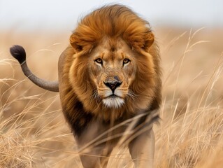 A huge lion with a mane stealthily hunting in the grass