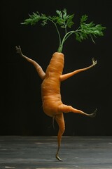 Fototapeta na wymiar A funny dancing carrot looking like a human, black background