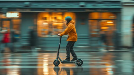 A man with helmet riding an electric scooter on the street, autumn, rainy road